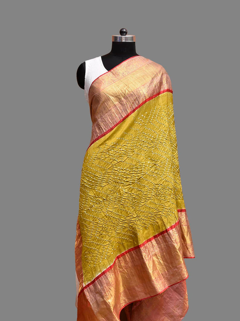 Olive and Red Bandhani Kanchipuram Silk Dupatta with Border Design ds3846