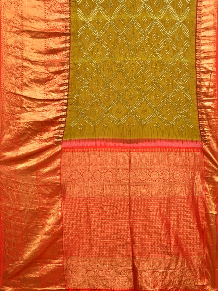 Olive and Red Bandhani Kanchipuram Silk Handloom Saree with Grill Design bn0496