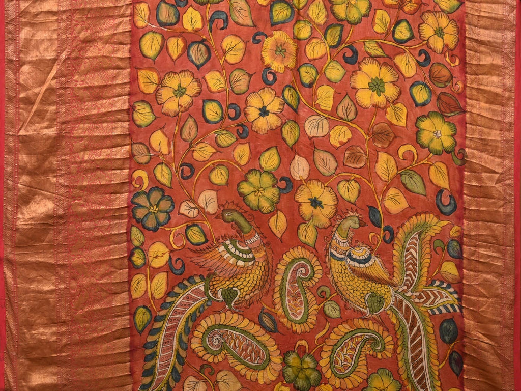 Olive and Red Bandhani Kanchipuram Silk Handloom Saree with Kalamkari Floral and Peacocks Pallu Design bn0491