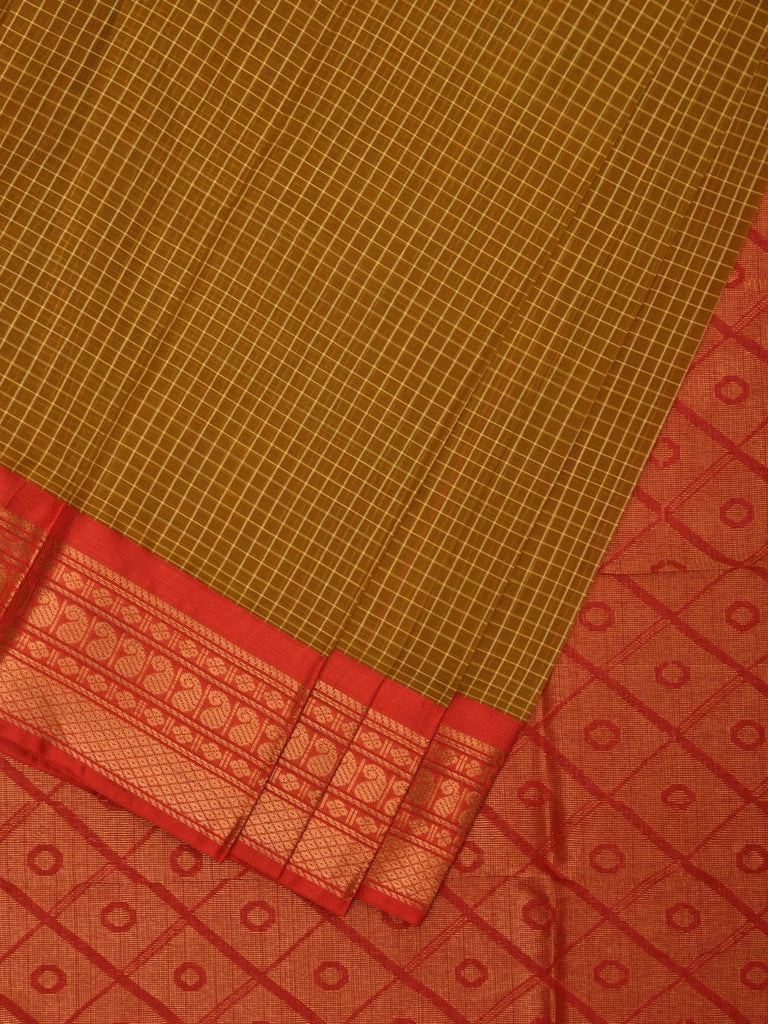 Olive and Red Gadwal Cotton Handloom Saree with Border and Pallu Design No Blouse g0383