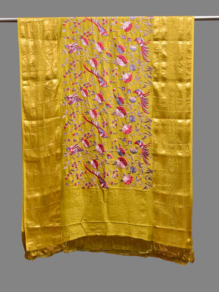 Olive and Red Parsigara Kanchipuram Silk Dupatta with Floral and Birds Design ds3852