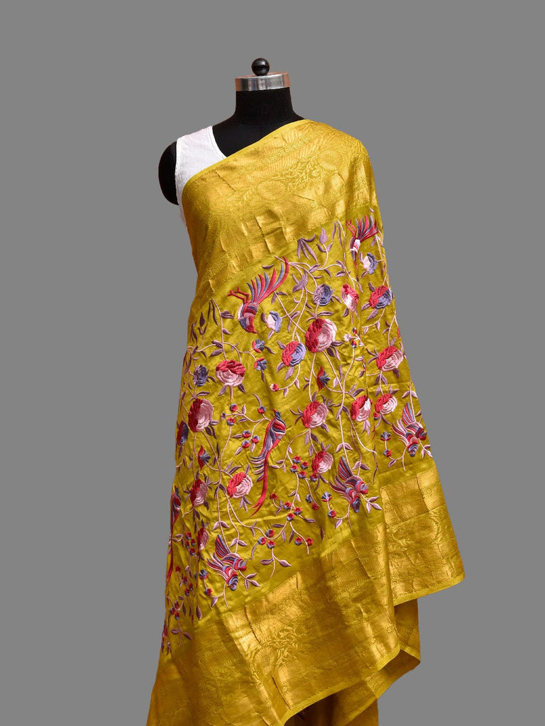 Olive and Red Parsigara Kanchipuram Silk Dupatta with Floral and Birds Design ds3852