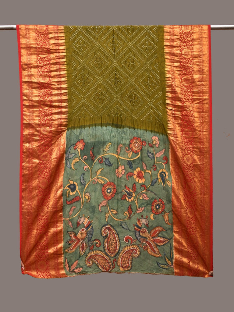 Olive and Sea Green Bandhani Kanchipuram Silk Handloom Dupatta with Kalamkari Floral Work Design ds3338