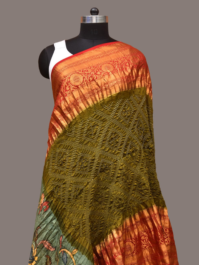 Olive and Sea Green Bandhani Kanchipuram Silk Handloom Dupatta with Kalamkari Floral Work Design ds3338
