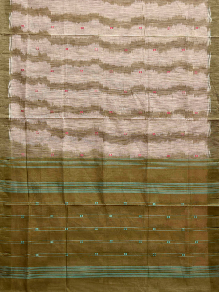 Olive and White Venkatagiri Cotton Saree with Strips Pallu and Ikat Style Design v0132