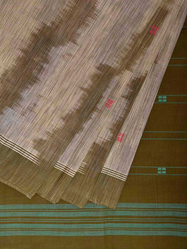Olive and White Venkatagiri Cotton Saree with Strips Pallu and Ikat Style Design v0132