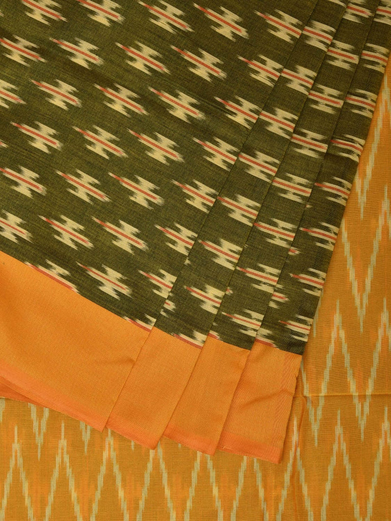 Olive and Yellow Pochampally Ikat Cotton Handloom Saree with Zig-Zag Pallu Design No Blouse i0844