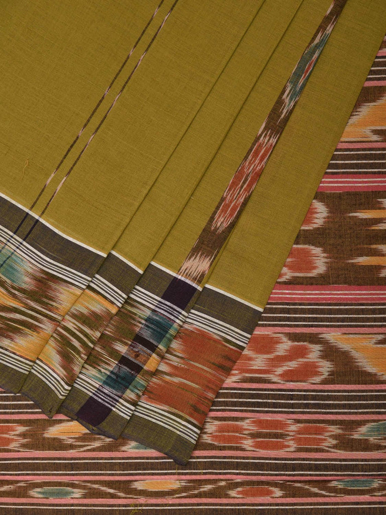 Olive Ikat Cotton Handloom Saree with Strips and Border Design i0863
