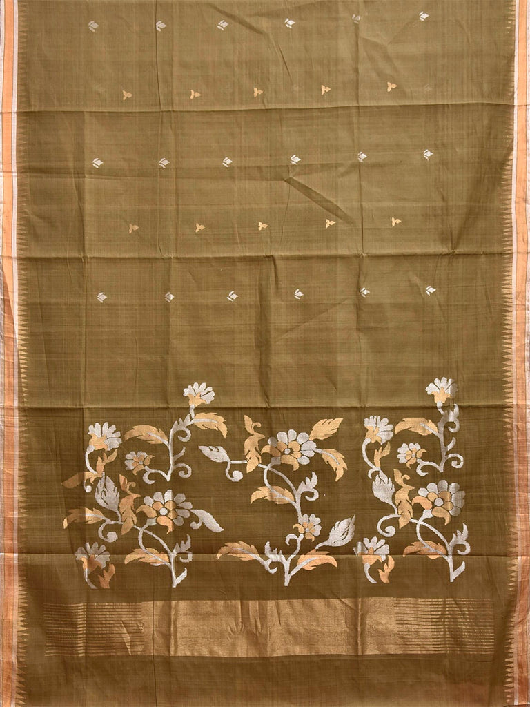 Olive Khadi Cotton Handloom Saree with Floral Pallu Design kh0717