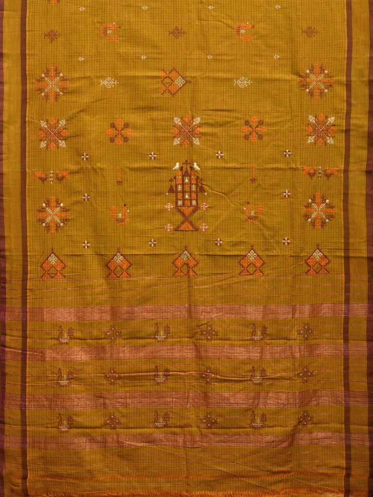 Olive Narayanpet Cotton Handloom Saree with Kasuti Work Design o0458