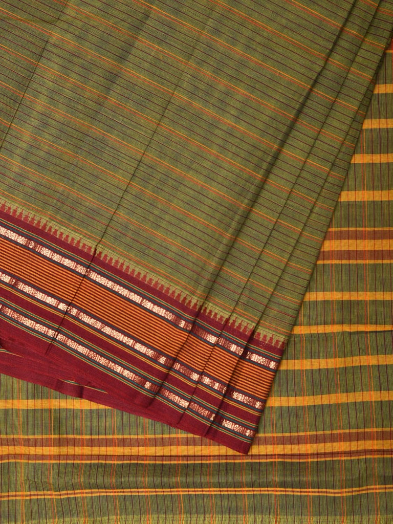 Olive Narayanpet Cotton Handloom Saree with Strips Design No Blouse np0789