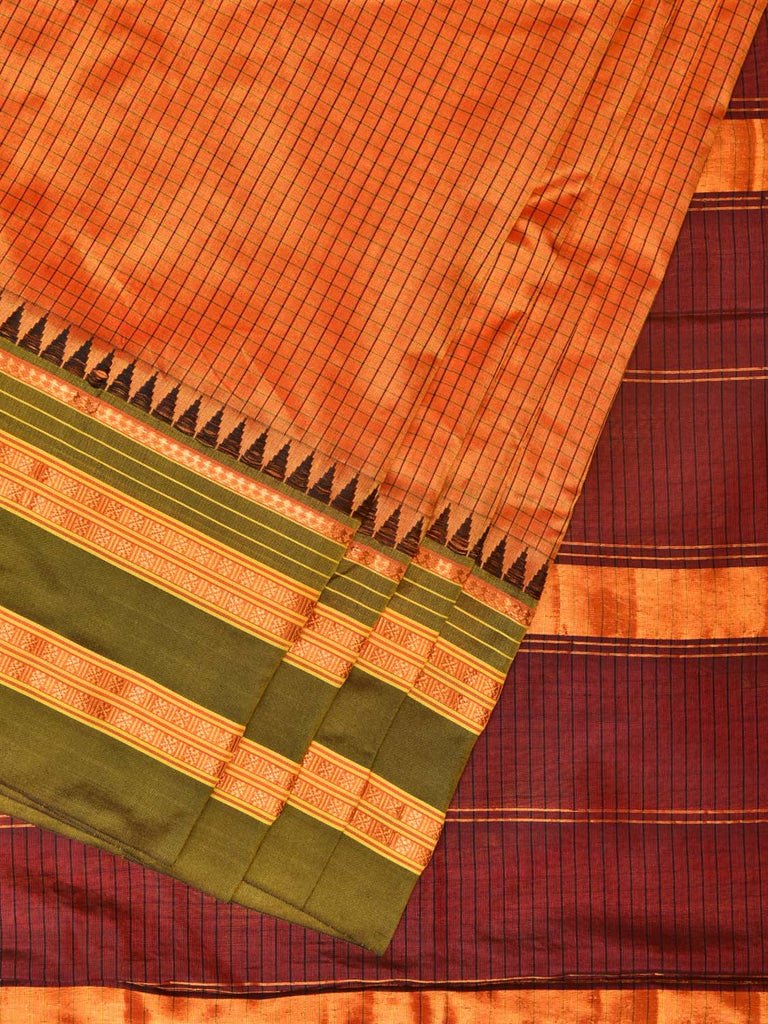 Orange and Brown Narayanpet Silk Handloom Saree with Checks Design No Blouse np0754