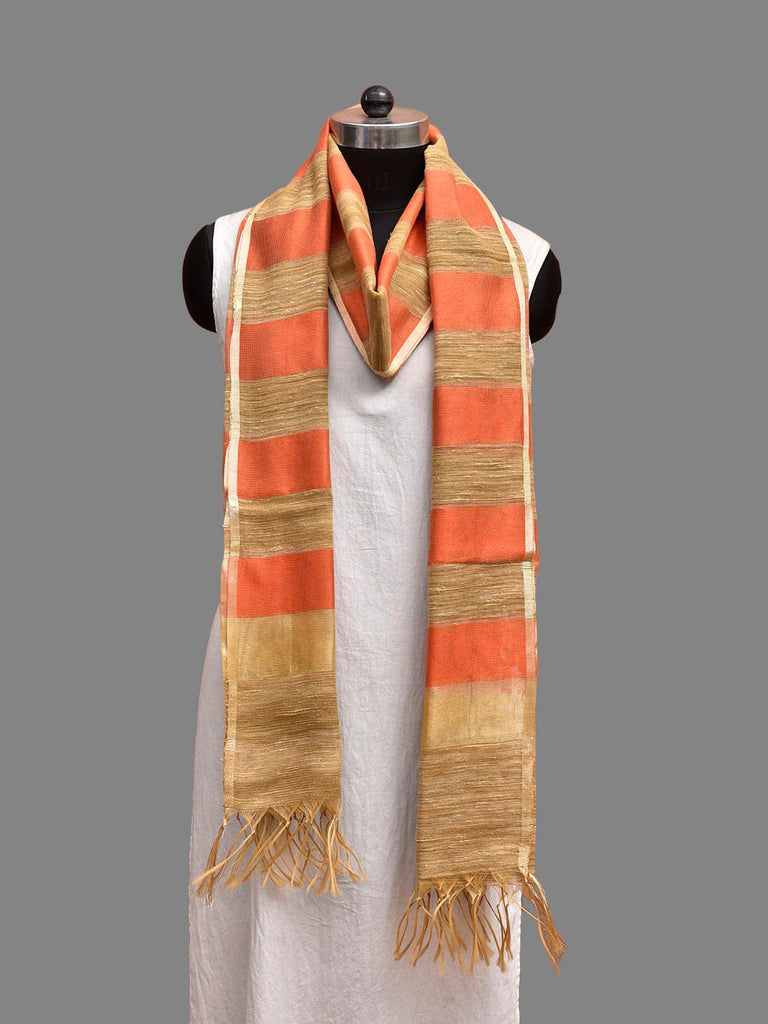 Orange and Cream Netted Dupatta with Strips Design ds3832