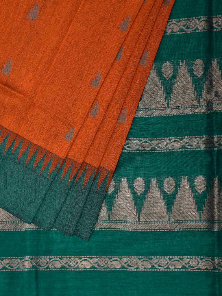 Orange and Green Gadwal Cotton Viscose Saree with Temple Border Design g0588