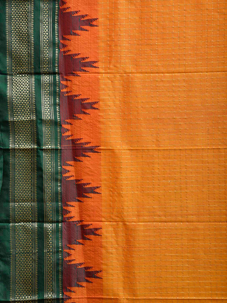 Orange and Green ilkal Viscose Saree with Checks and Big Temple Border Design il0044