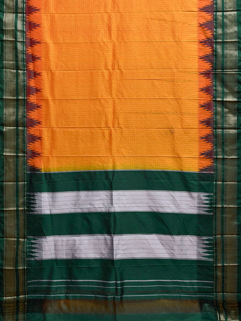 Orange and Green ilkal Viscose Saree with Checks and Big Temple Border Design il0044