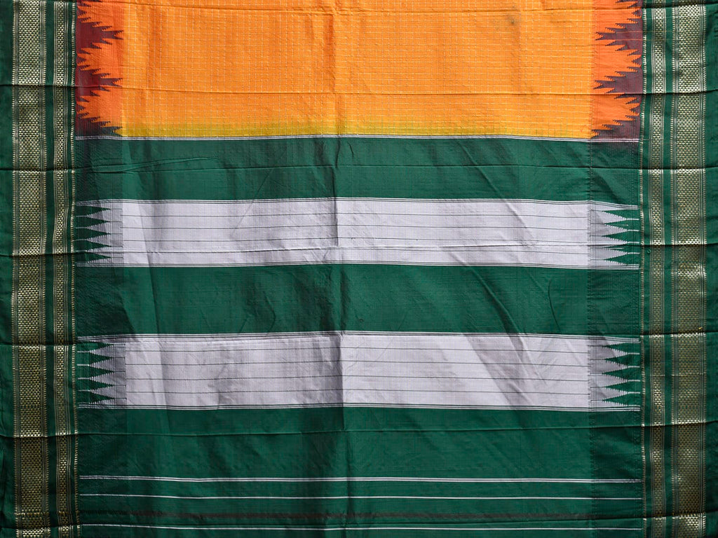 Orange and Green ilkal Viscose Saree with Checks and Big Temple Border Design il0044
