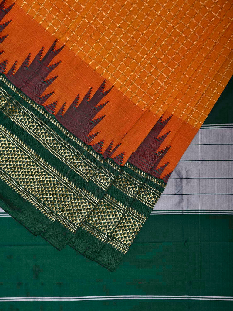 Orange and Green ilkal Viscose Saree with Checks and Big Temple Border Design il0044