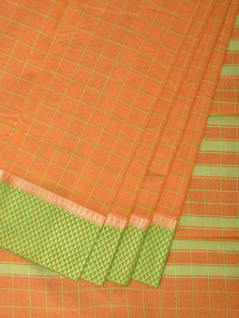 Orange and Light Green Bamboo Cotton Saree with Big Checks Design No Blouse bc0159