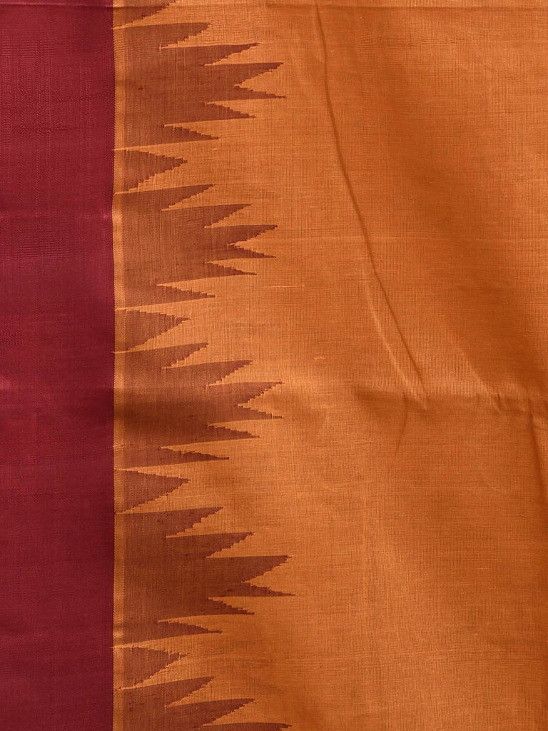 Orange and Maroon Khadi Cotton Handloom Plain Saree with Big Temple Border kh0721