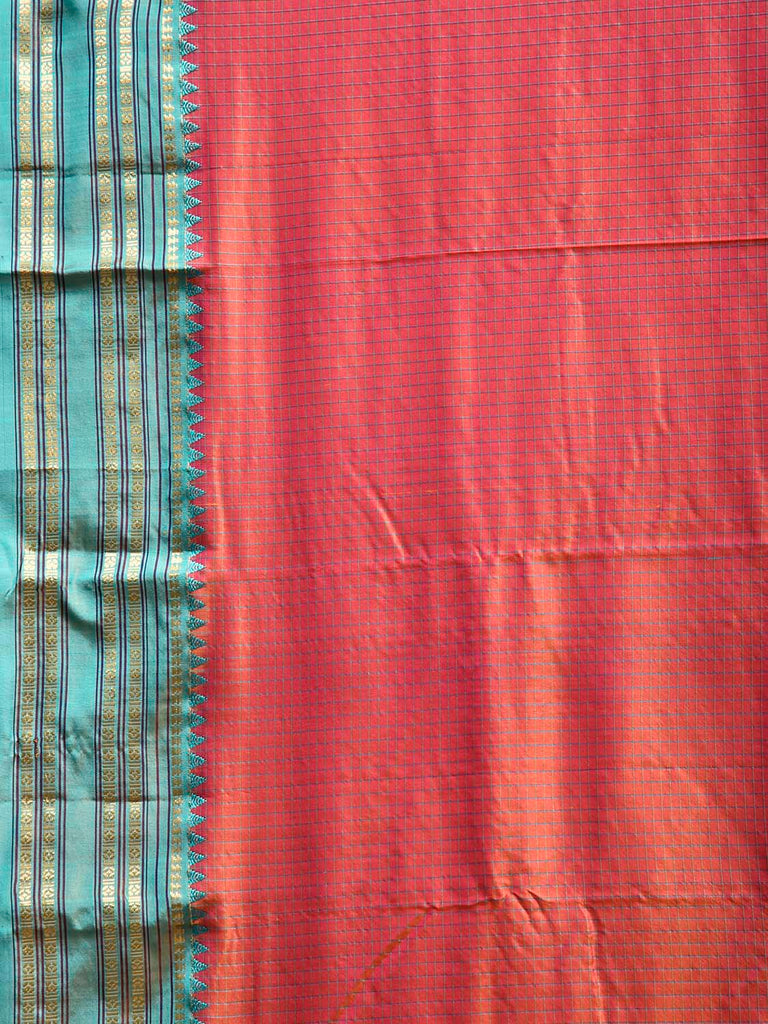 Orange and Turquoise Narayanpet Silk Saree with Checks and Contrast Pallu Design np1328