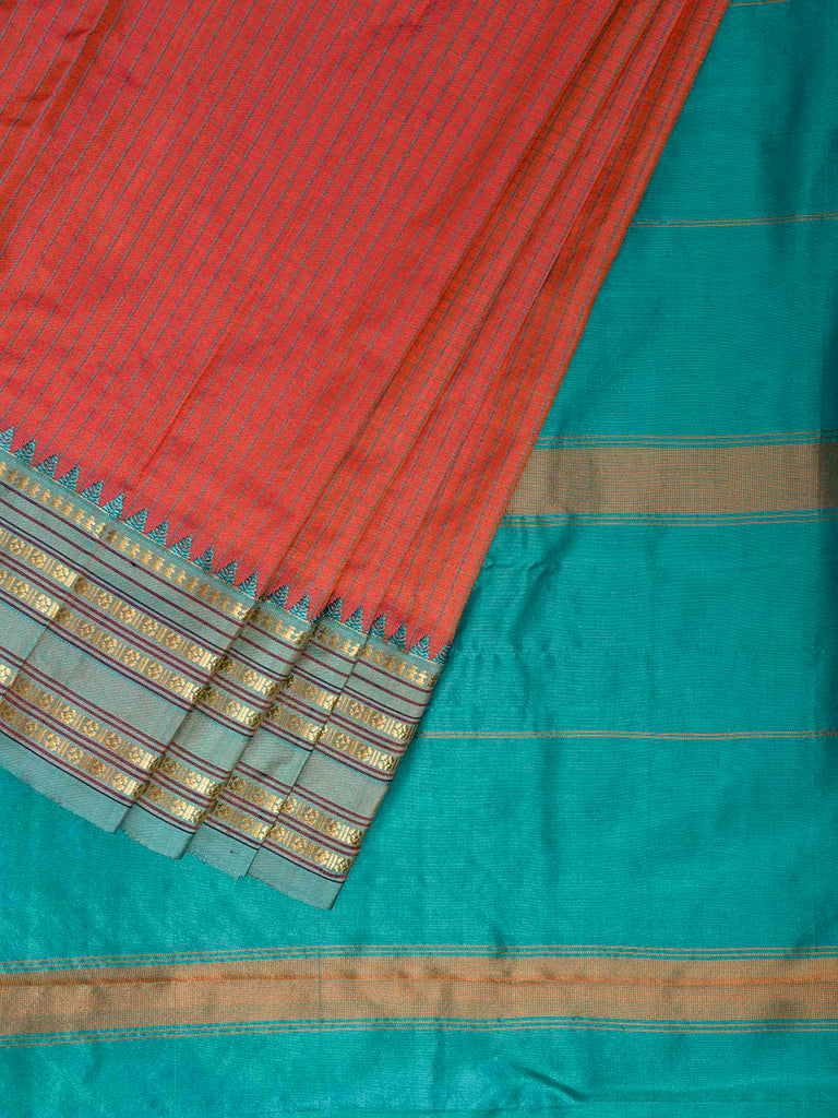Orange and Turquoise Narayanpet Silk Saree with Checks and Contrast Pallu Design np1328