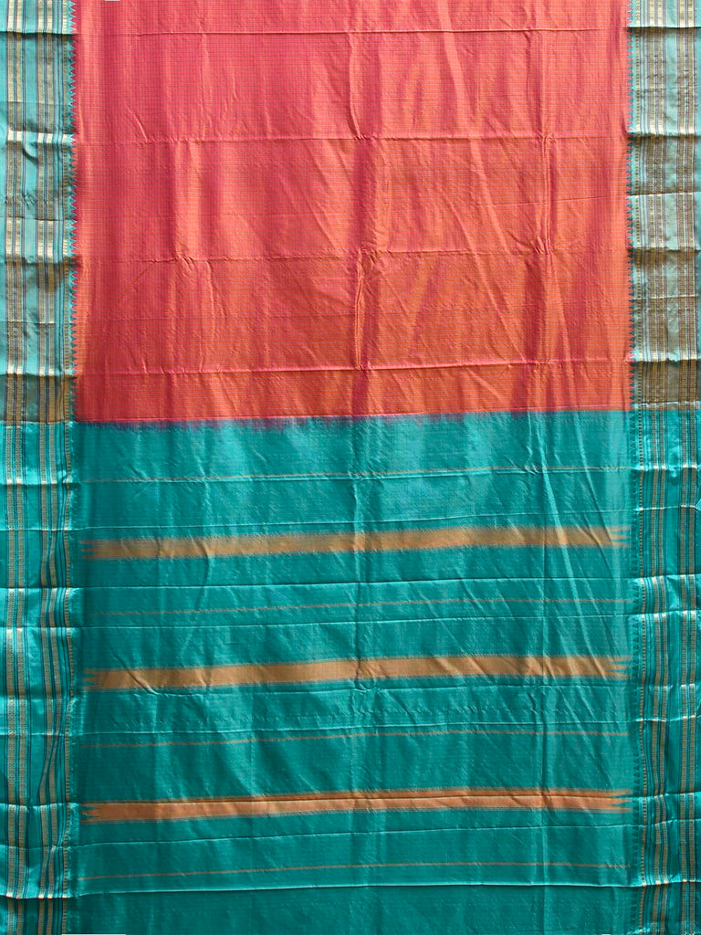 Orange and Turquoise Narayanpet Silk Saree with Checks and Contrast Pallu Design np1328