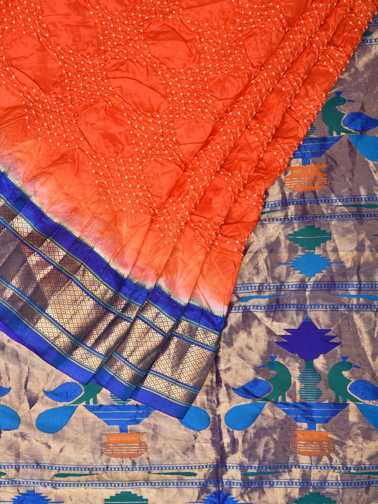 Orange Bandhani Paithani Silk Handloom Saree with Peacocks Pallu Design bn0488