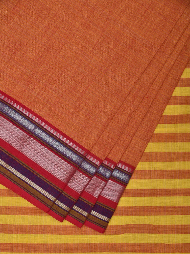 Orange Kanchipuram Cotton Handloom Saree with Border and Strips Pallu Design k0536
