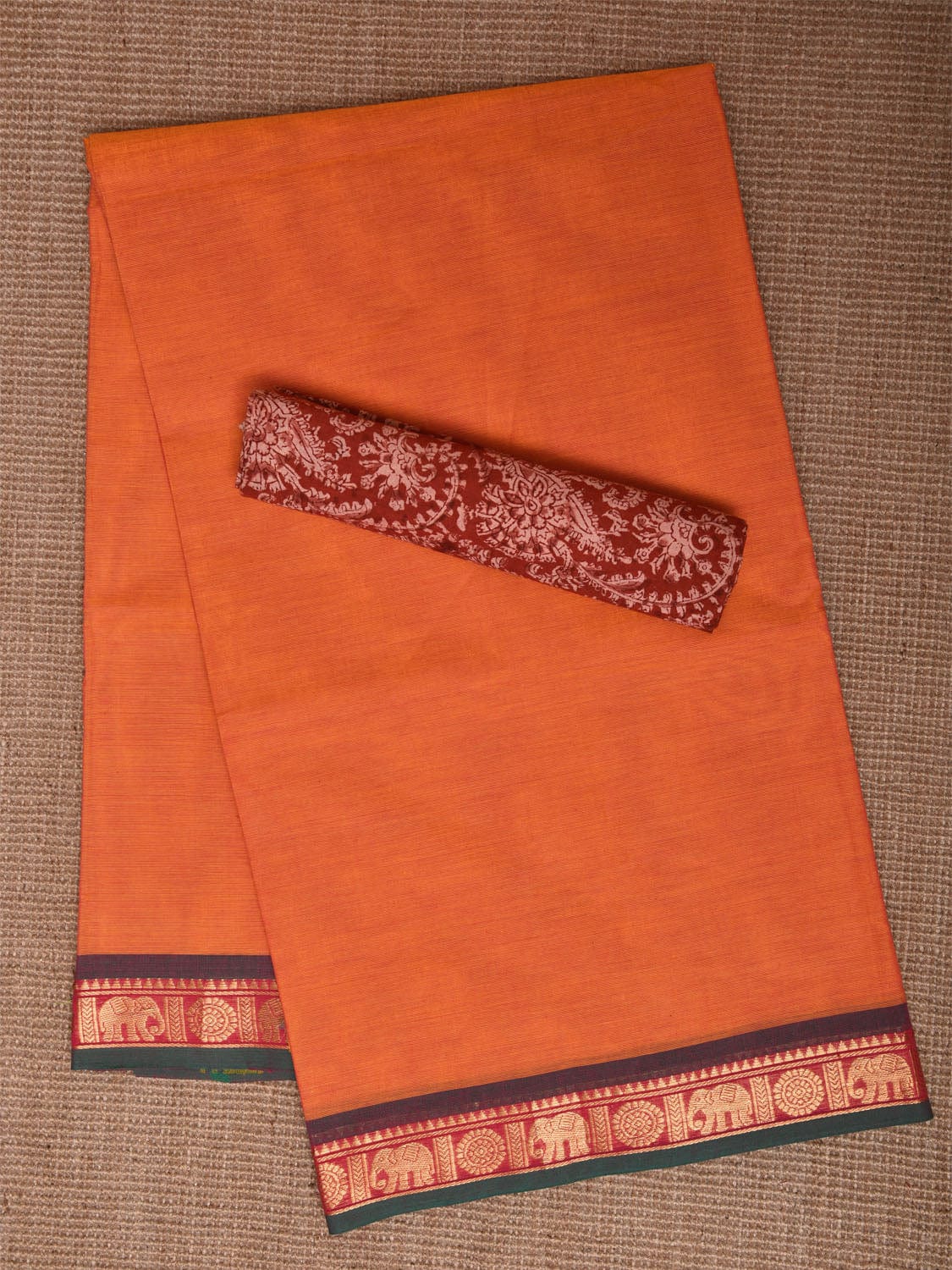 Orange Kanchipuram Cotton Plain Saree with Elephant B…