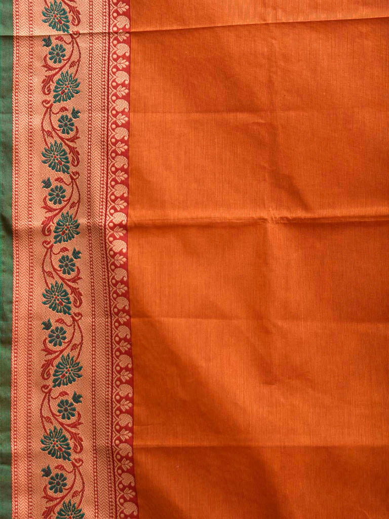 Orange Kanchipuram Cotton Plain Saree with Floral Border Design No Blouse k1001