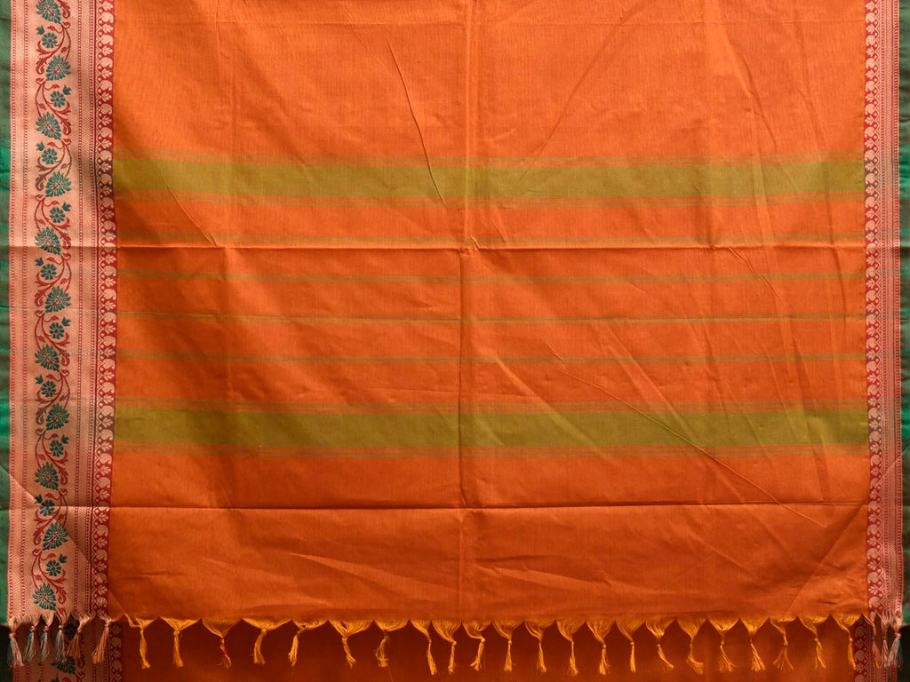 Orange Kanchipuram Cotton Plain Saree with Floral Border Design No Blouse k1001