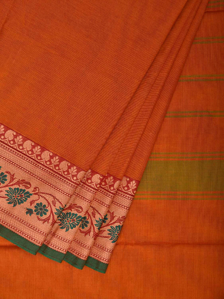 Orange Kanchipuram Cotton Plain Saree with Floral Border Design No Blouse k1001