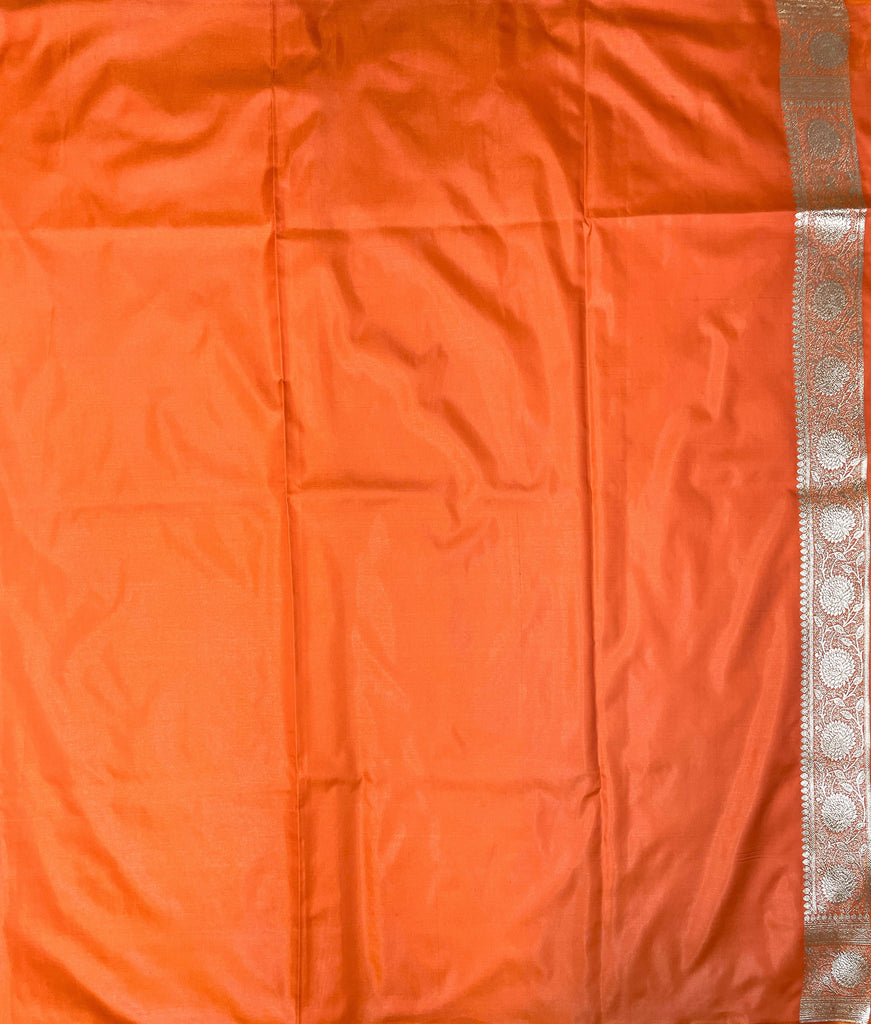 Orange Katan Banarasi Saree with Silver Zari Floral Weaving And Grand Pallu B0636ds