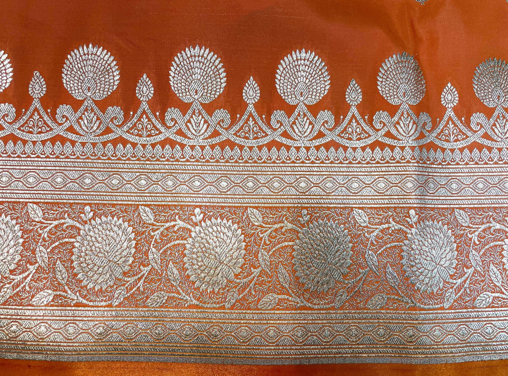 Orange Katan Banarasi Saree with Silver Zari Floral Weaving And Grand Pallu B0636ds