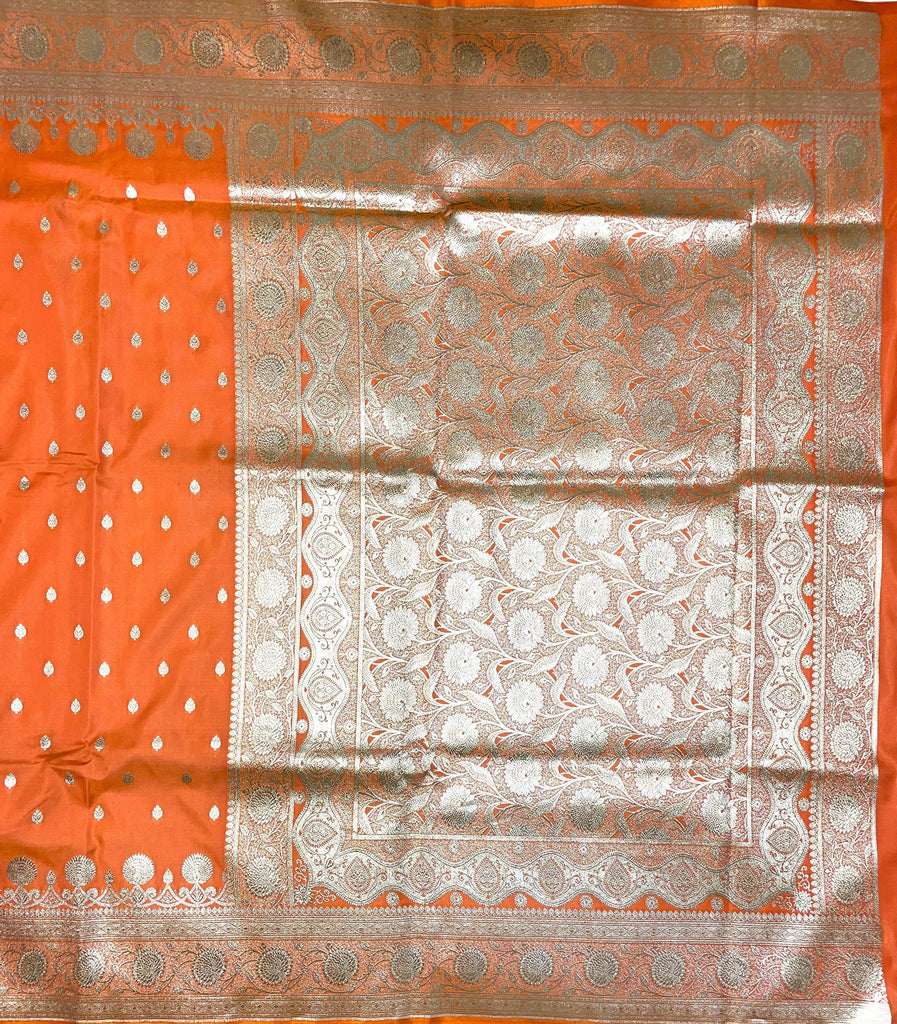 Orange Katan Banarasi Saree with Silver Zari Floral Weaving And Grand Pallu B0636ds