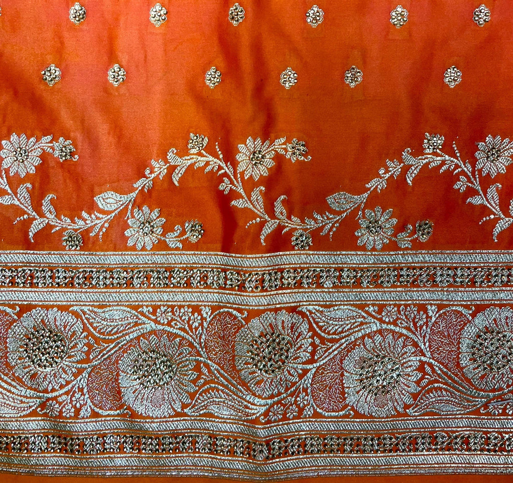 Orange Katan Banarasi Saree with Silver Zari Floral Weaving And Grand Pallu B0646ds