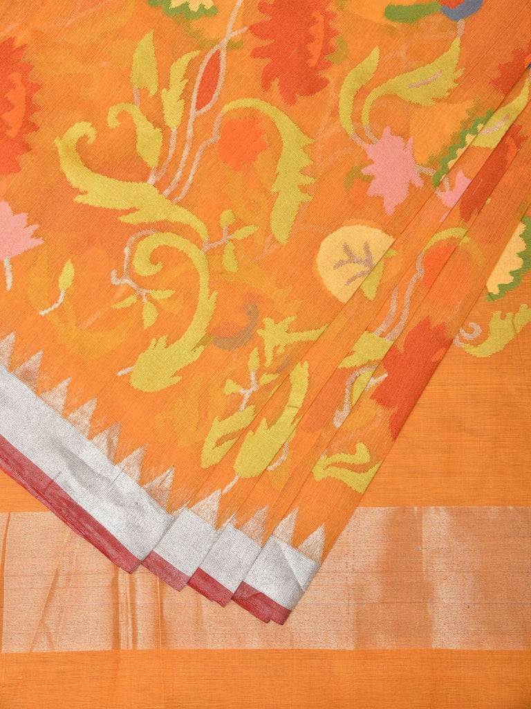 Orange Khadi Cotton Handloom Saree with All Over Lotus Flower Design kh0616