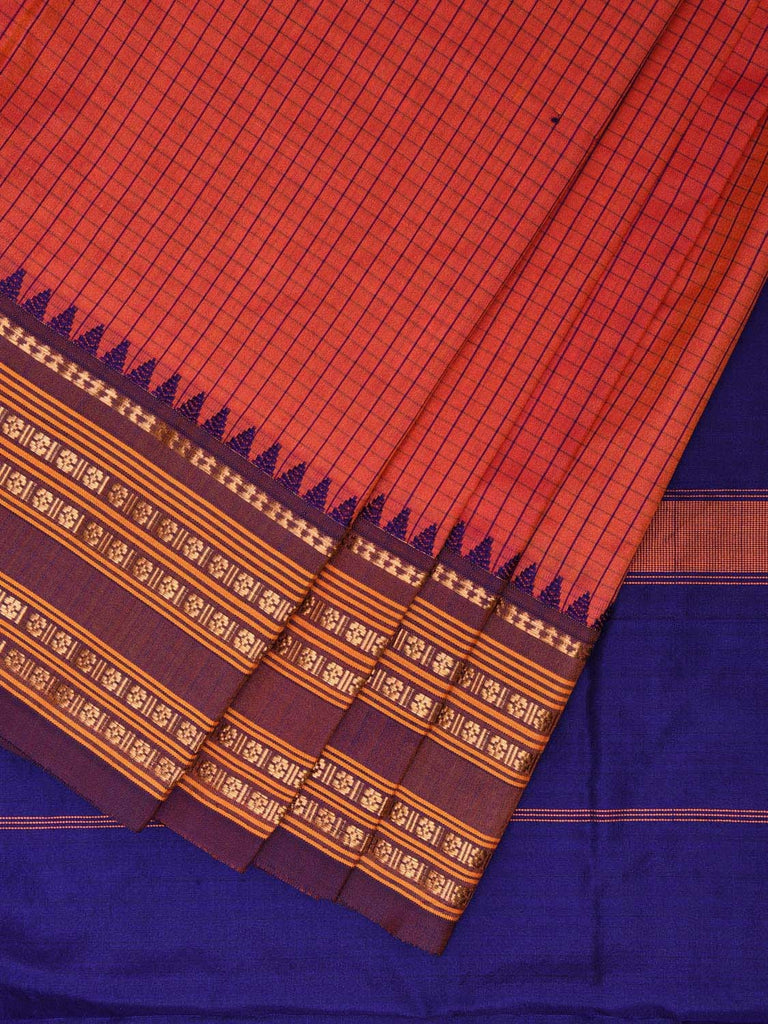 Peach and Blue Narayanpet Silk Handloom Saree with Checks Design np0956