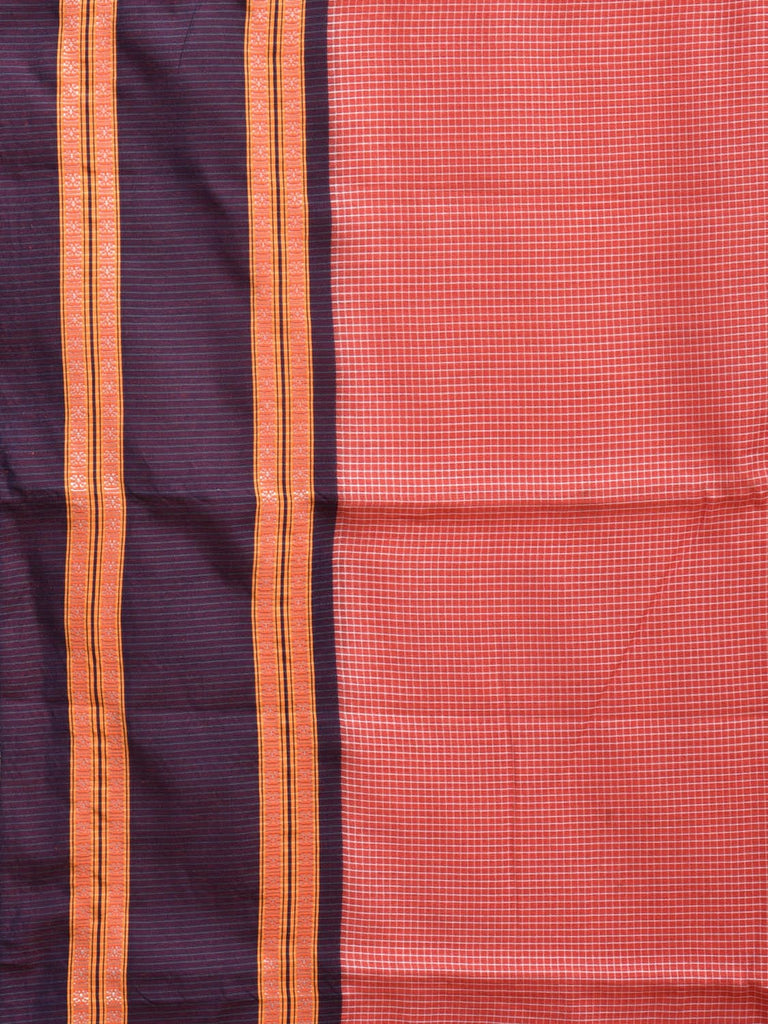 Peach and Dark Blue Bamboo Cotton Saree with Small Checks Design No Blouse bc0291