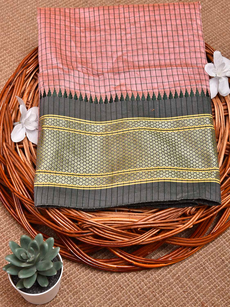 Peach and Green Bamboo Cotton Blouse with Checks Design Length 80cm Width 44 Inches BL0086