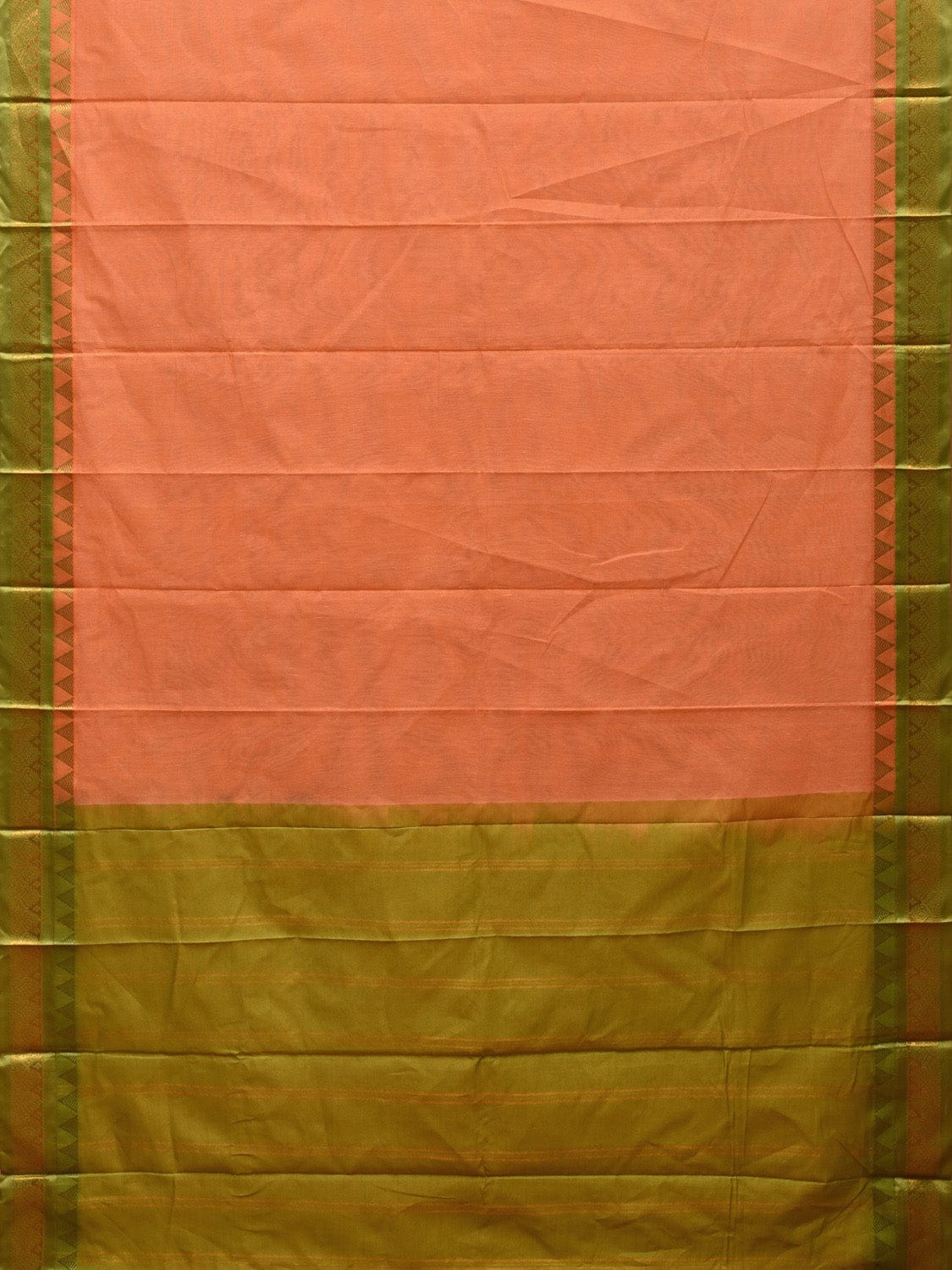 Peach and Green Gadwal Cotton Plain Saree with Strips Pallu and Border ...