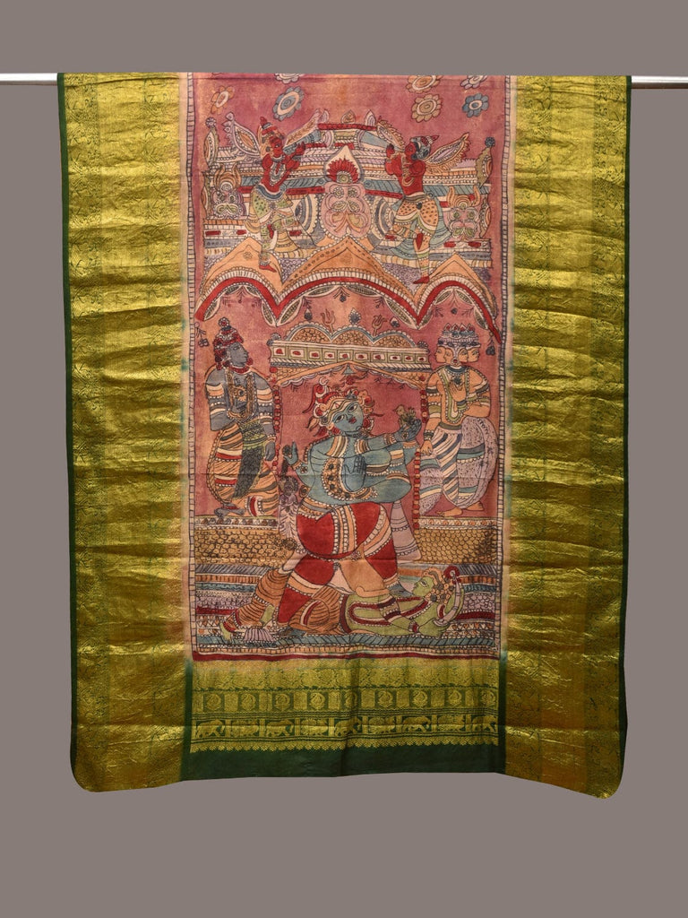 Peach and Green Kalamkari Hand Painted Kanchipuram Silk Handloom Dupatta with Krishna Design ds3534
