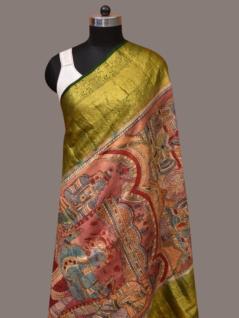 Peach and Green Kalamkari Hand Painted Kanchipuram Silk Handloom Dupatta with Krishna Design ds3534