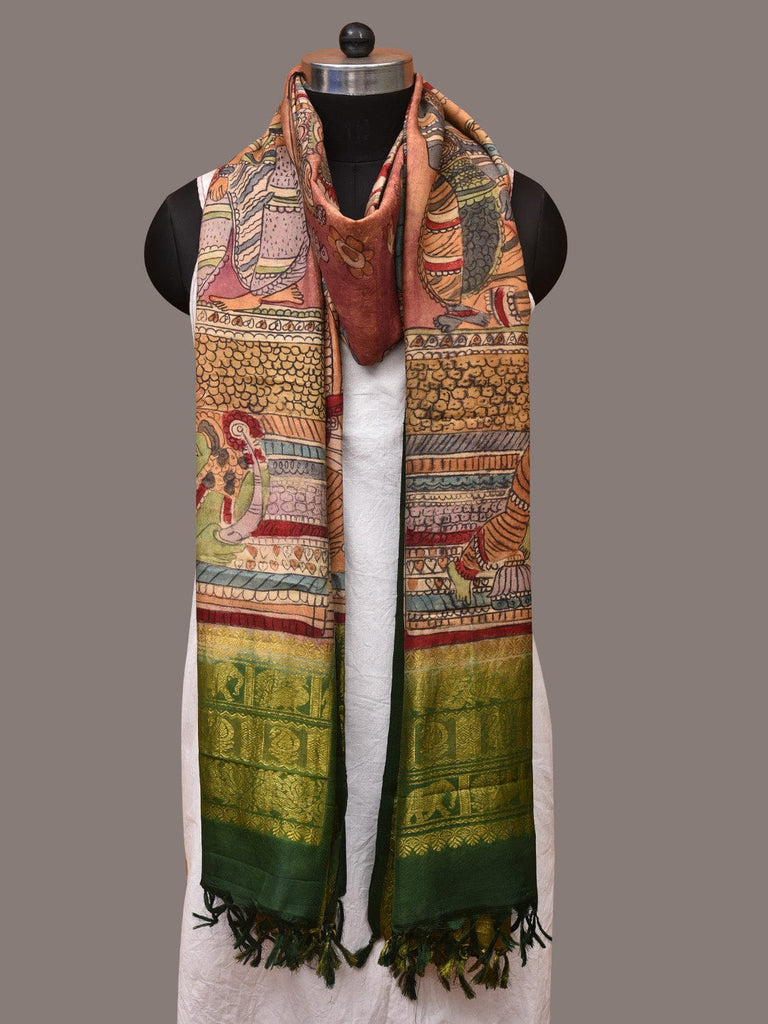 Peach and Green Kalamkari Hand Painted Kanchipuram Silk Handloom Dupatta with Krishna Design ds3534