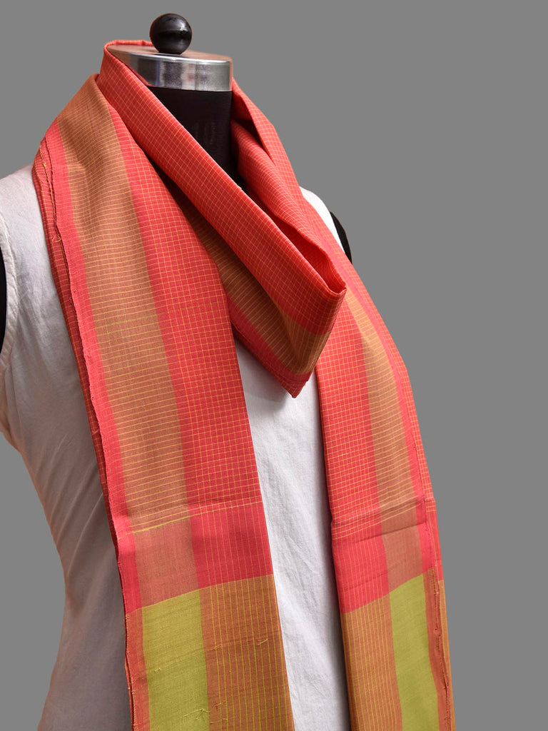 Peach and Green Mangalgiri Cotton Handloom Dupatta with Checks Design ds3894