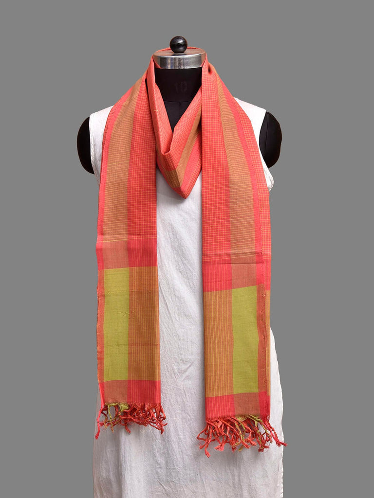Peach and Green Mangalgiri Cotton Handloom Dupatta with Checks Design ds3894