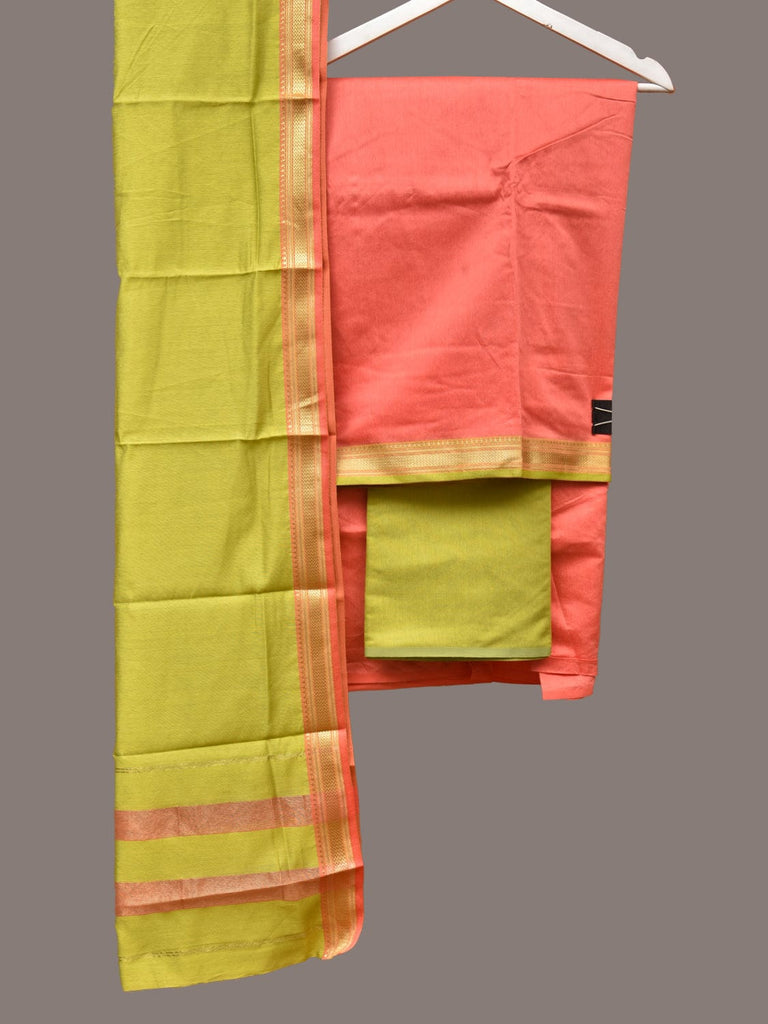 Peach and Light Green Bamboo Cotton Fabric and Dupatta with Zari Border Design f0249