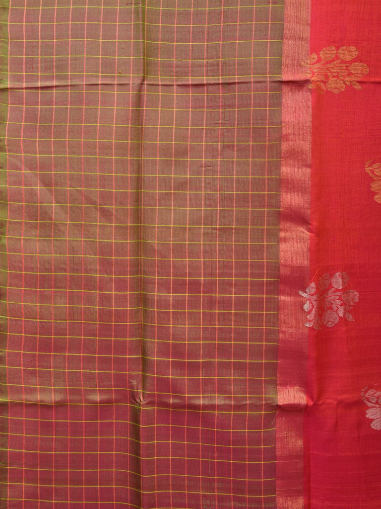 Peach and Mustard Uppada Silk Handloom Saree with Body Buta and Checks Border Design u2117
