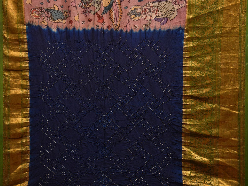 Peach and Navy Bandhani Kanchipuram Silk Handloom Saree with Dashavatar Design bn0495